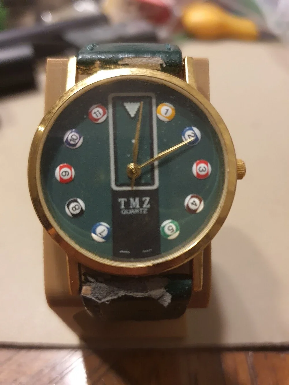 Vtg TMZ Quartz Goldtone/Green Leather Billards Men's Watch